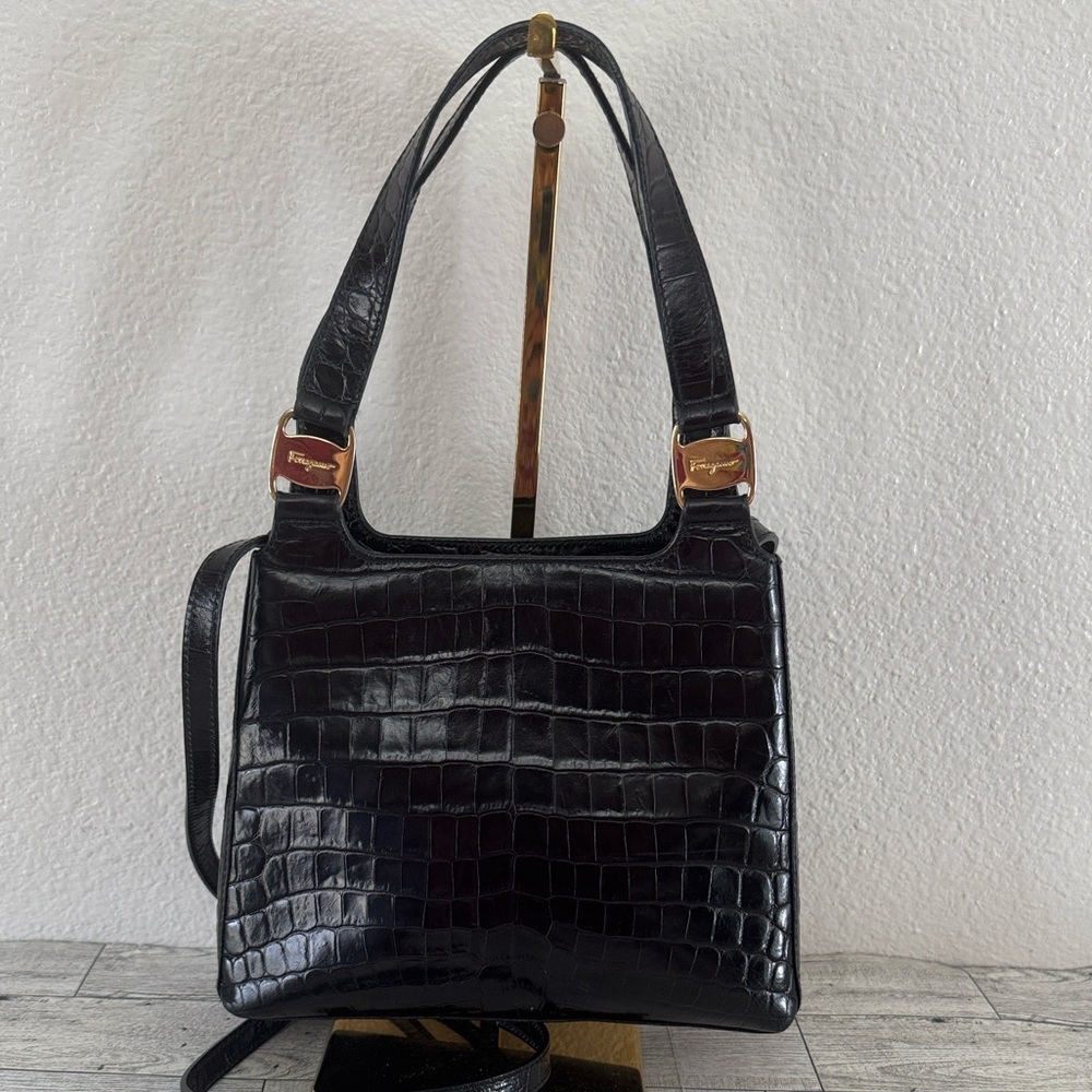 Salvatore Ferragamo Vara 2Way Brown Croc Embossed Leather Bag